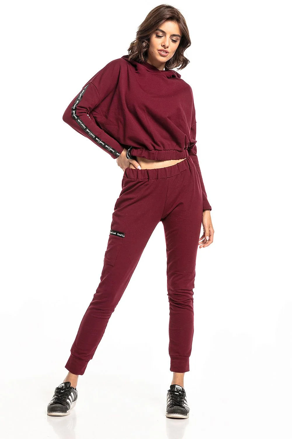 Ensemble sport femme coton bordeaux confort urbain bandes contrastées jogging capuche détente active