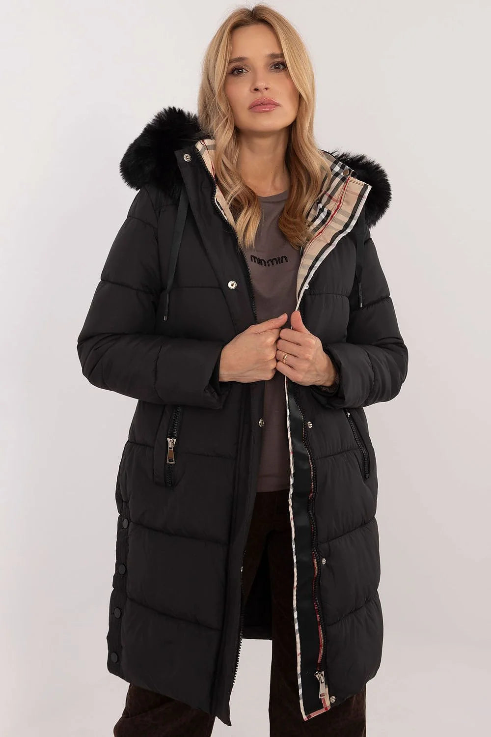 Manteau d'hiver pour femme longueur genoux coupe droite fourrure synthétique matelassé polyester doublure carreaux mode élégance