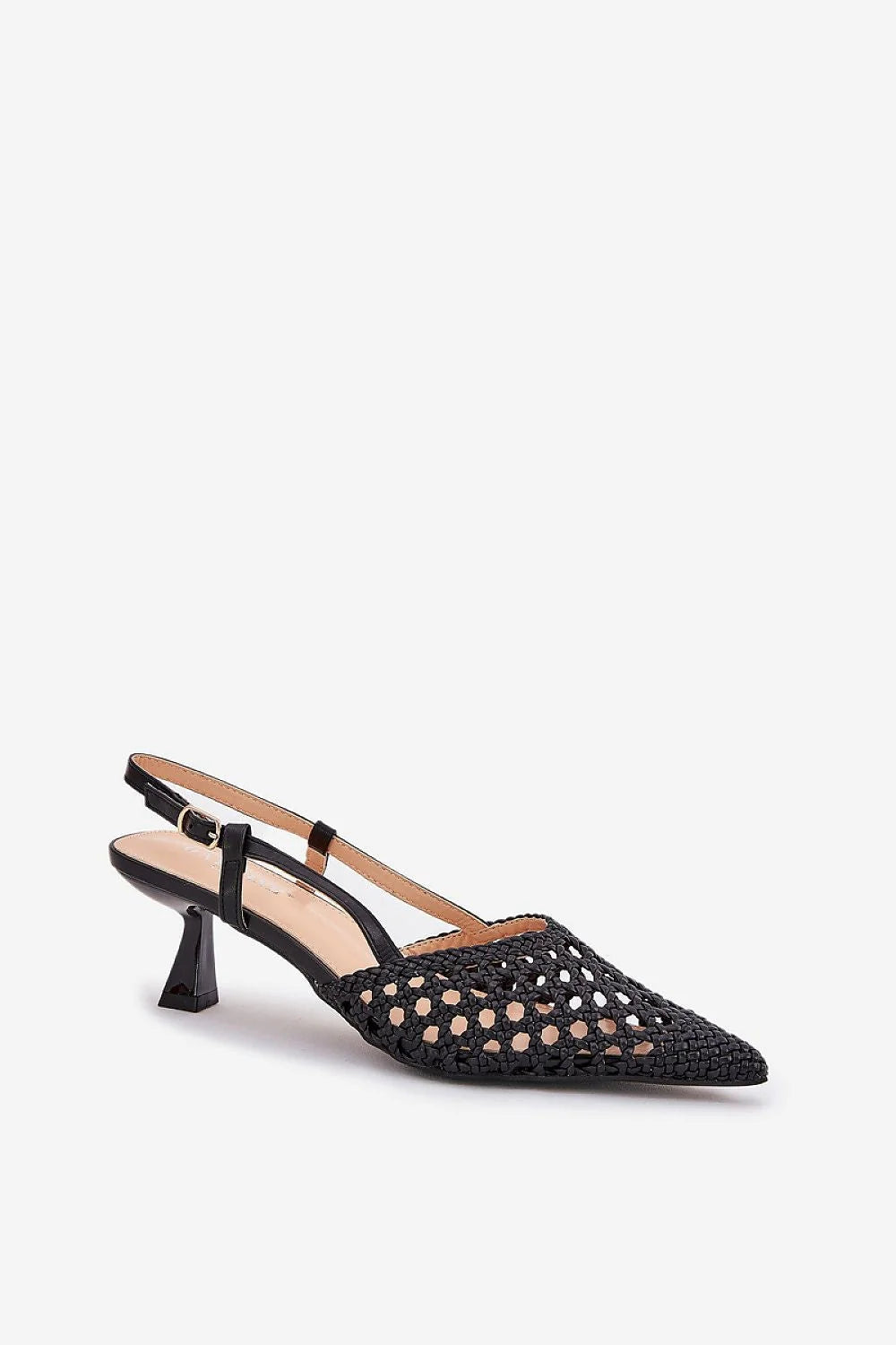 Escarpins femme élégant design strappy talon bloc 6cm cuir écologique maille tressée noire ajustable boucle métallique soirées occasions spéciales