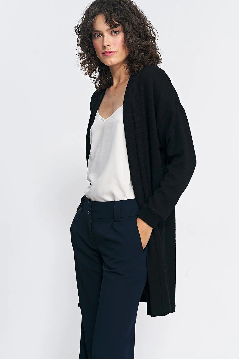 Cardigan noir ouvert en maille douce pour femme, style polyvalent, coupe ample, élasthanne et polyester
