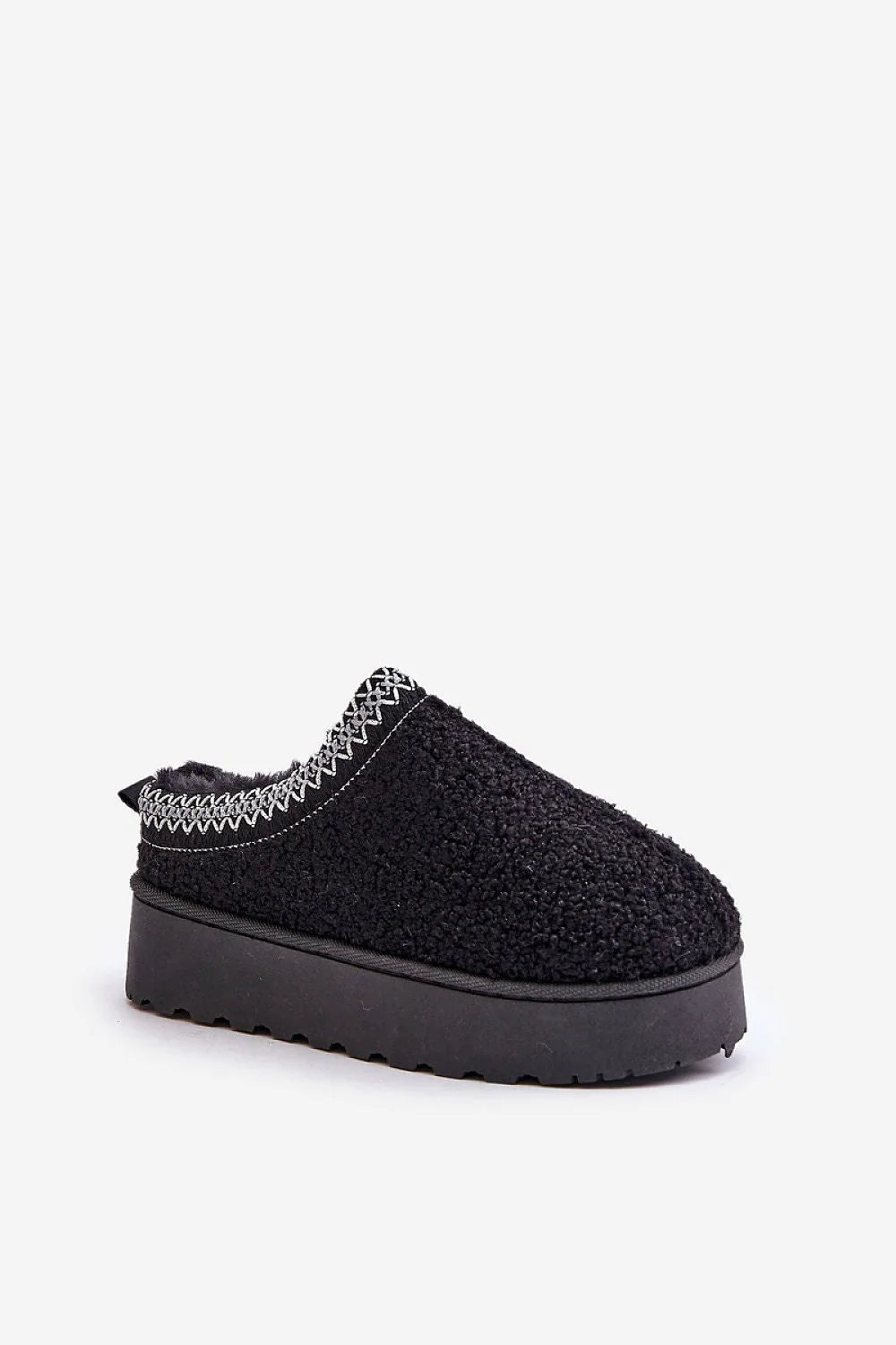 bottes neige femme fourrure mouton moderne plateforme confortable bouclé sherpa noir zigzag bordure blanche mule antidérapante