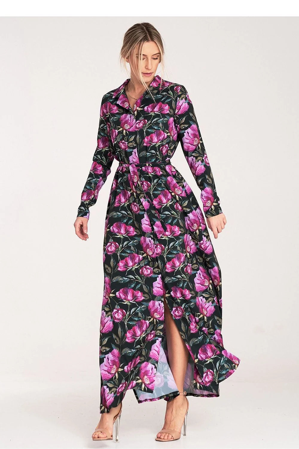 Robe de jour élégante longue manches longues motif floral rose violet noir taille ajustable femme