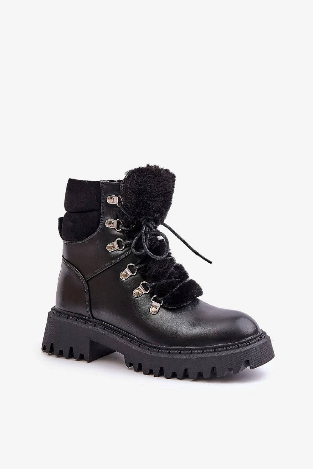 bottines femme simili cuir noir montantes rangers bout rond semelle crantée épaisse col doublé fourrure laçage fermeture éclair