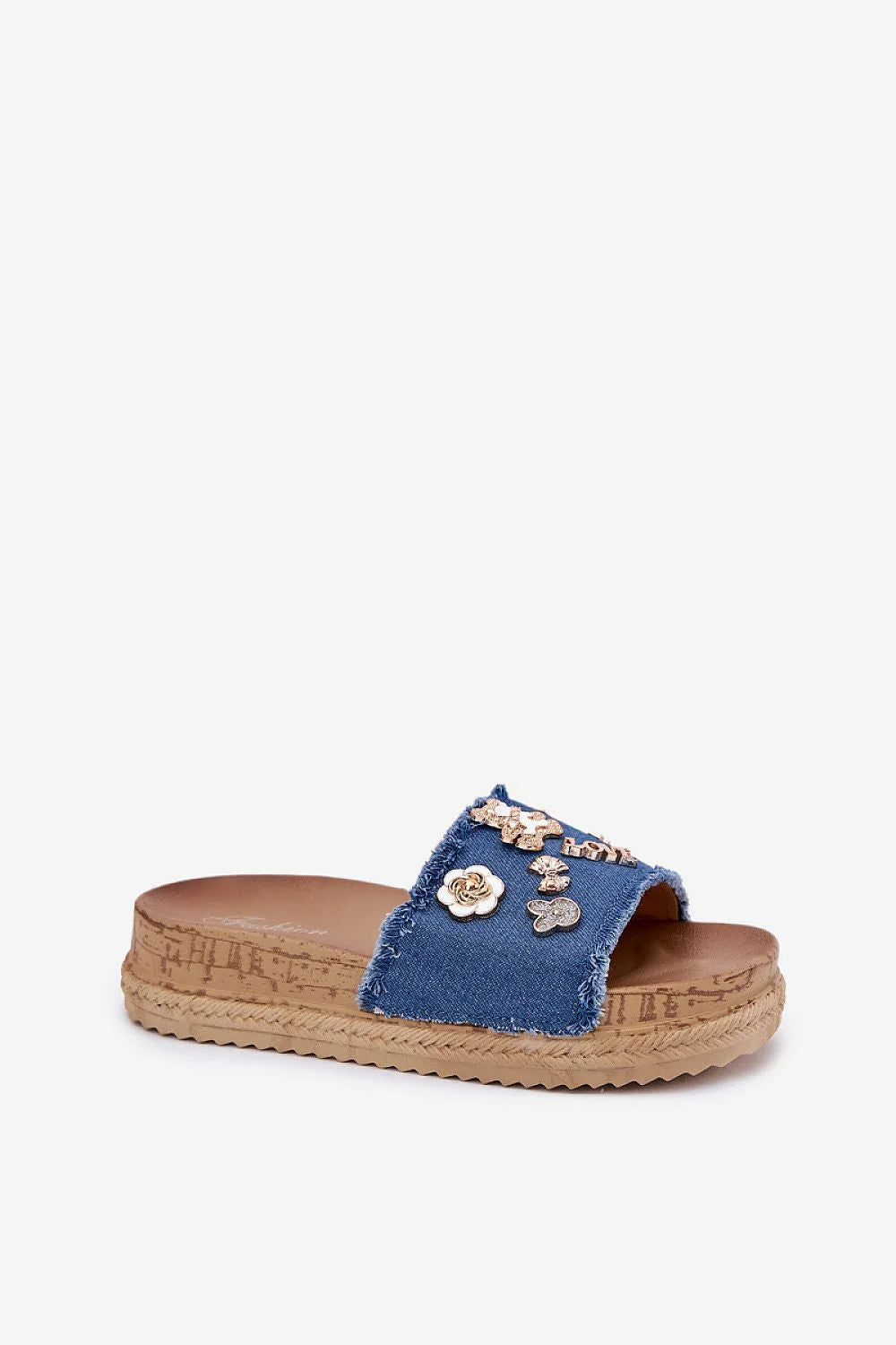 Sandales femmes style estival décontracté denim bleu doré argenté fleurs ours lapins motif musical LOVE