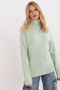 pull col roulé vert menthe oversize maille côtelé manches longues épaules tombantes motif nœuds relief tricot chaud confortable