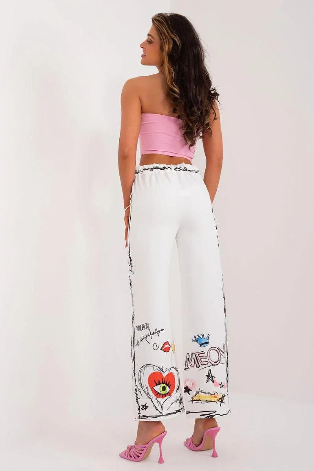 Pantalon femme Italy Moda design artistique coupe ample taille haute motifs colorés polyester confortable