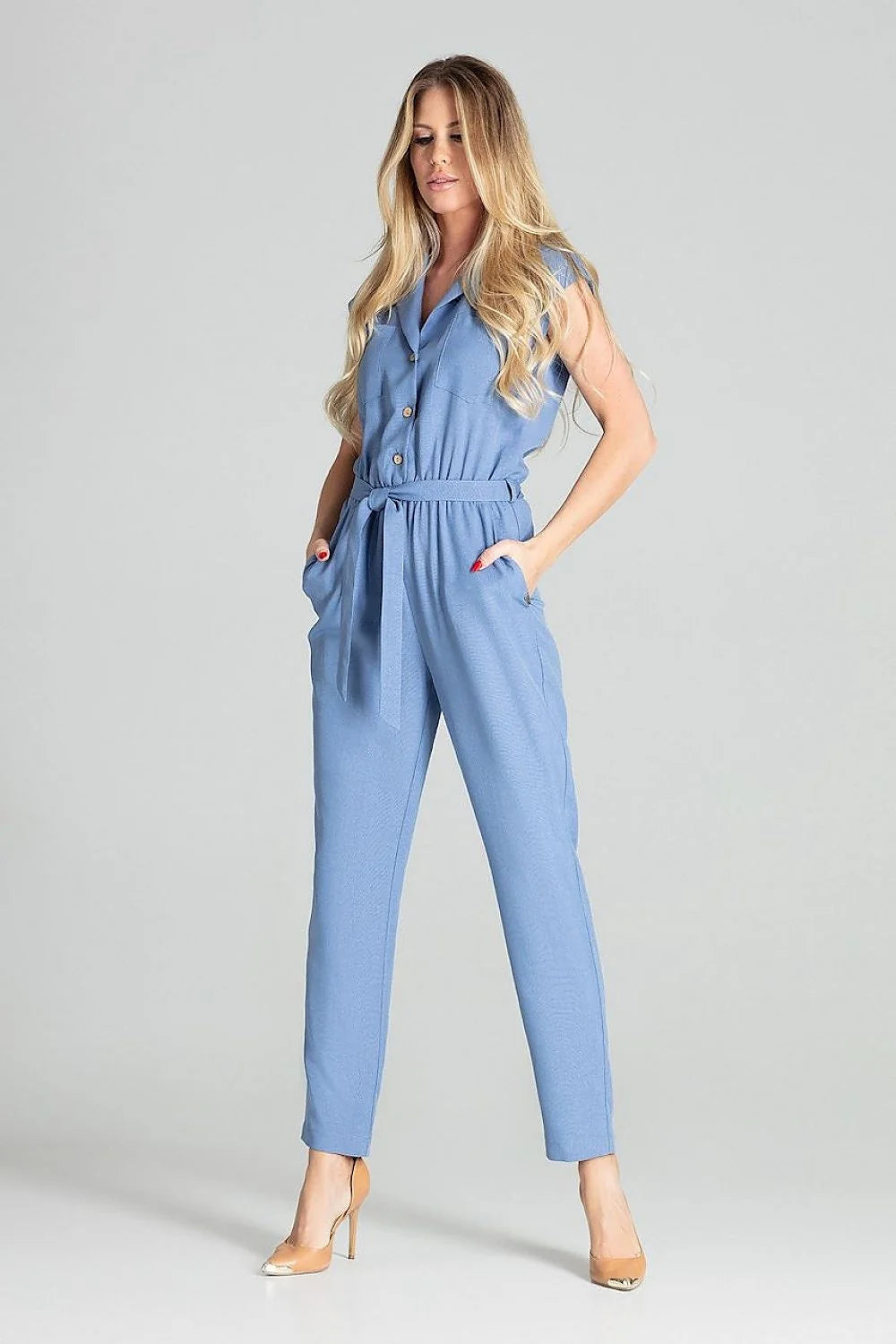 Combinaison femme polyester chic bleu pastel manches courtes ceinture nouée élégante polyvalente taille ajustée