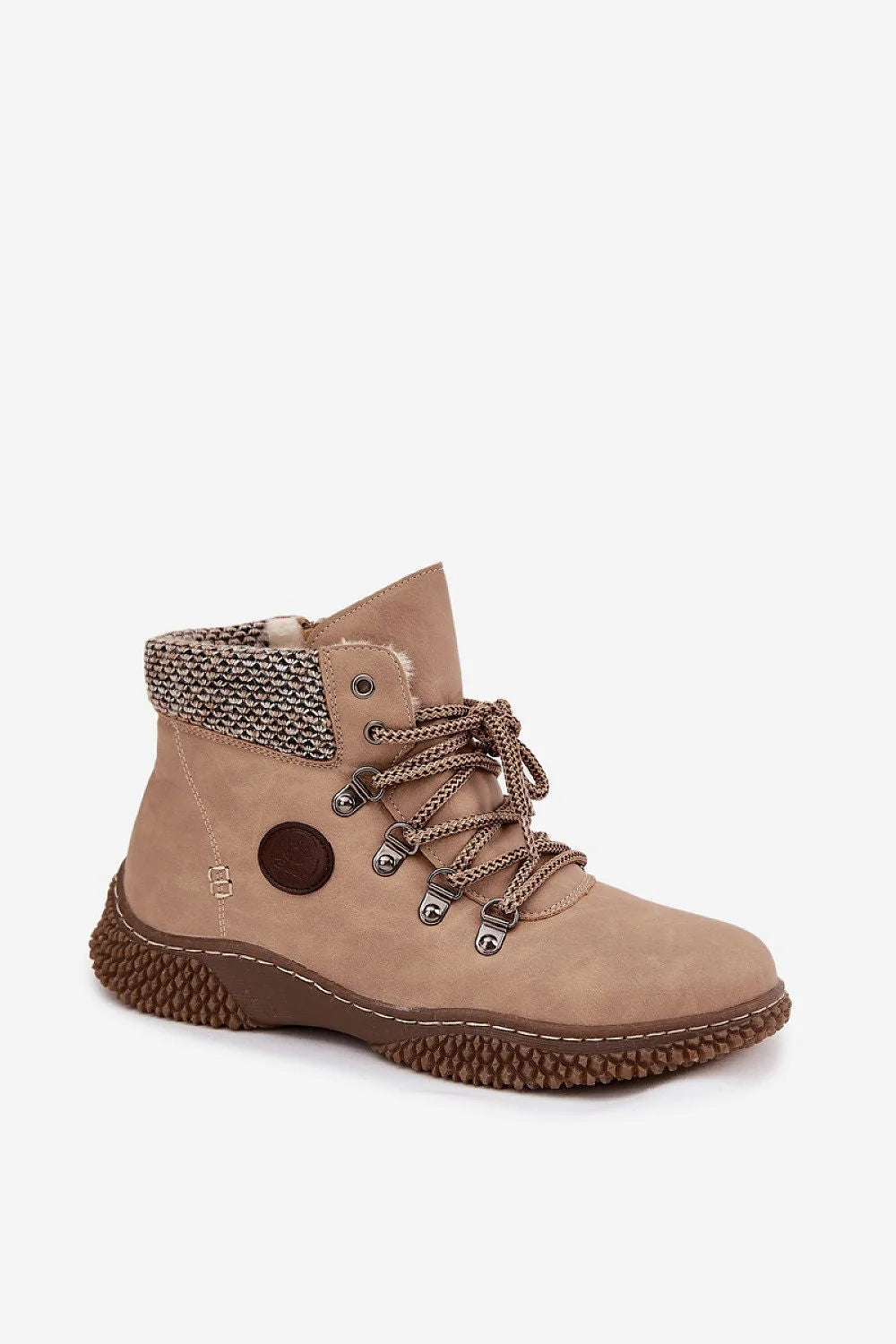 bottines femme cheville cuir écologique nubuck taupe doublure fourrure chaude rembourré zip latéral lacets semelle caoutchouc antidérapante bout arrondi badge