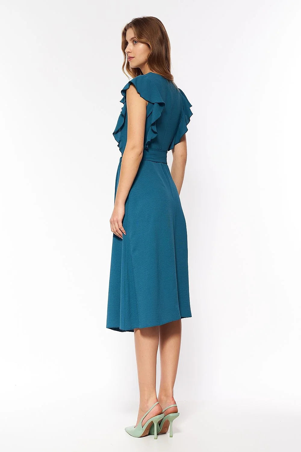 Robe élégante pour femme en tissu bleu pétrole manches volants coupe midi ceinture assortie taille ajustable