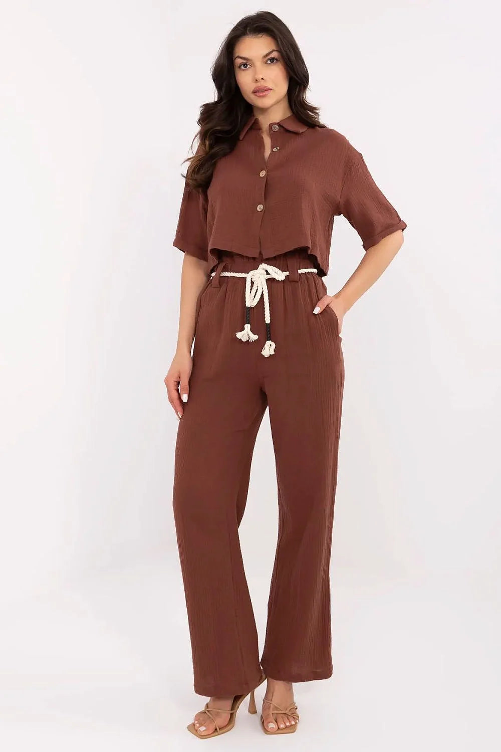 Ensemble femme chemisier pantalon terre cuite style bohème minimaliste tissu gaufré confortable occasion décontractée élégante