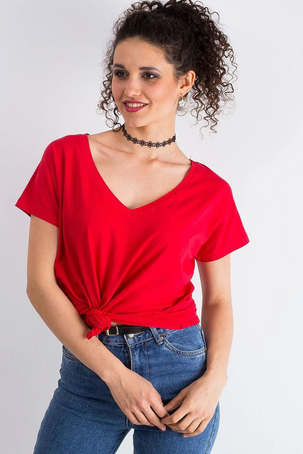 T-shirt femme loose manches courtes col V couleur verte vif coton elastane taille ajustable S M L XL XS