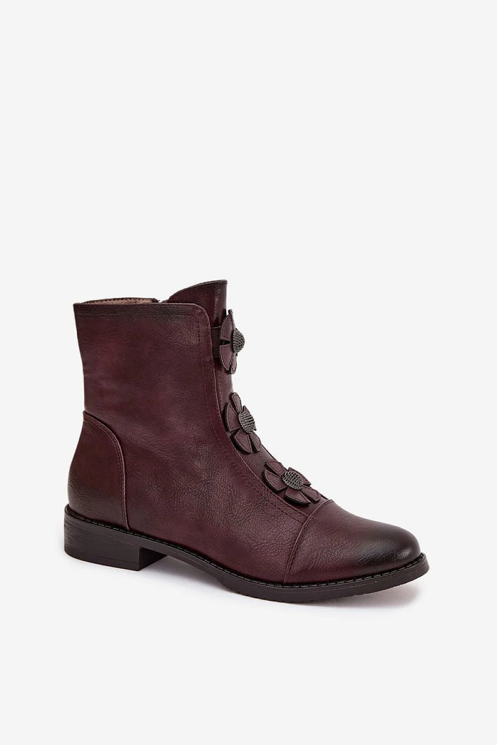 bottines femme Jezzi simili cuir grainé bordeaux vieilli bout arrondi talon carré bas 3cm fermeture éclair fleurs décoratives boutons métalliques