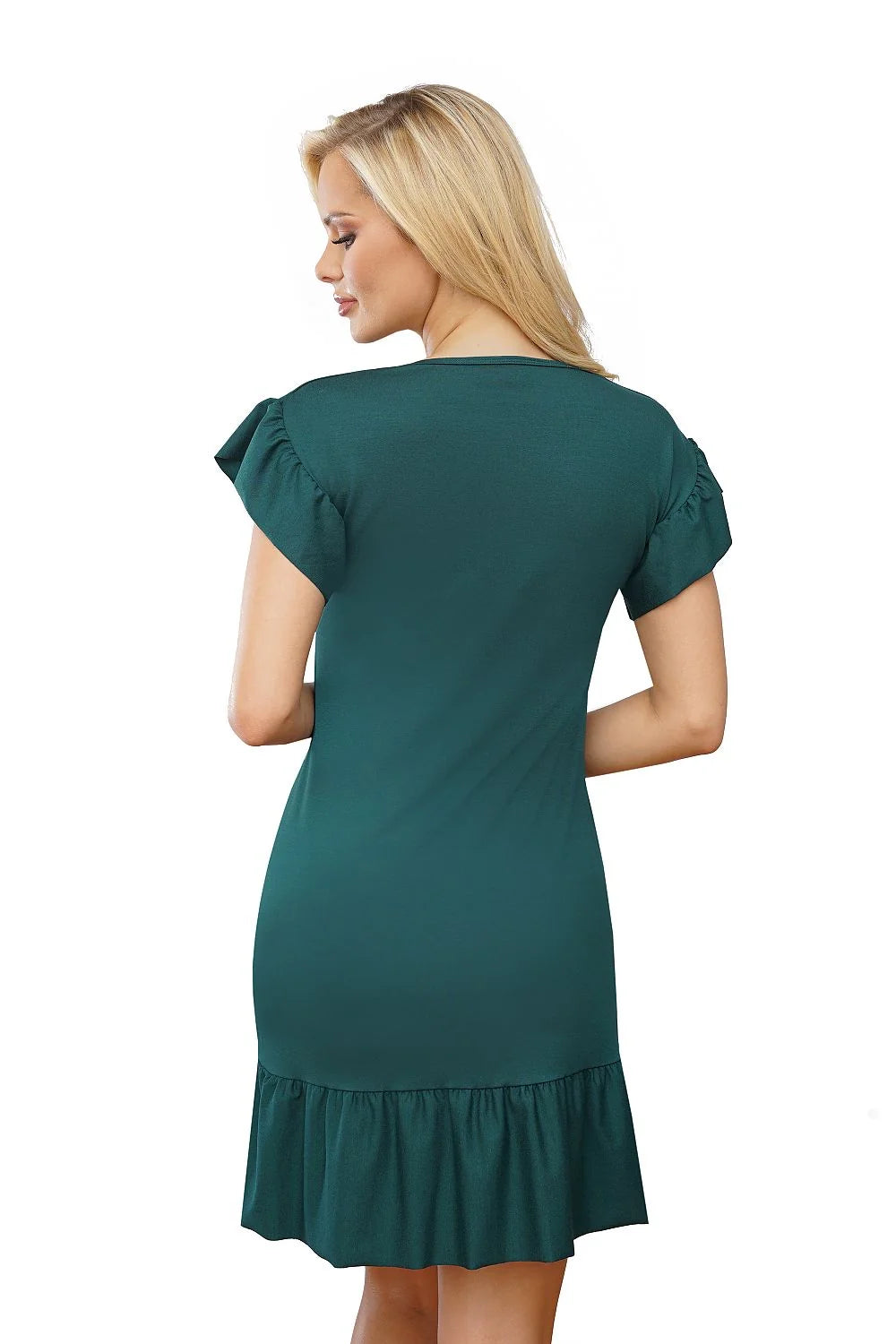 Robe élégante pour femmes design moderne coupe droite manches courtes en V col vert profond matériau doux finitions soignées