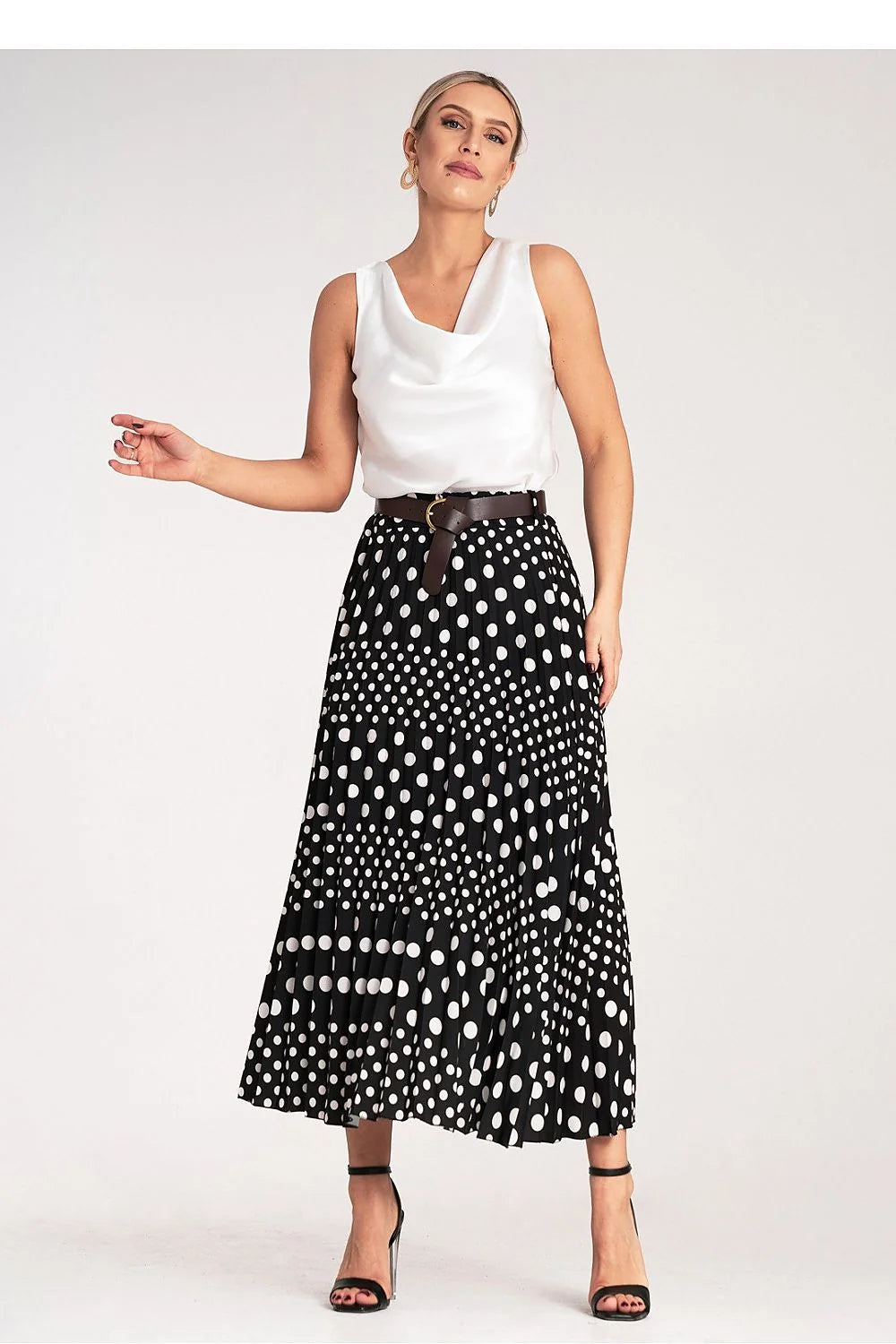 Jupe midi plissée femmes motif pois blancs taille haute ceinture dorée Polyester Élasthanne sortie soirée travail