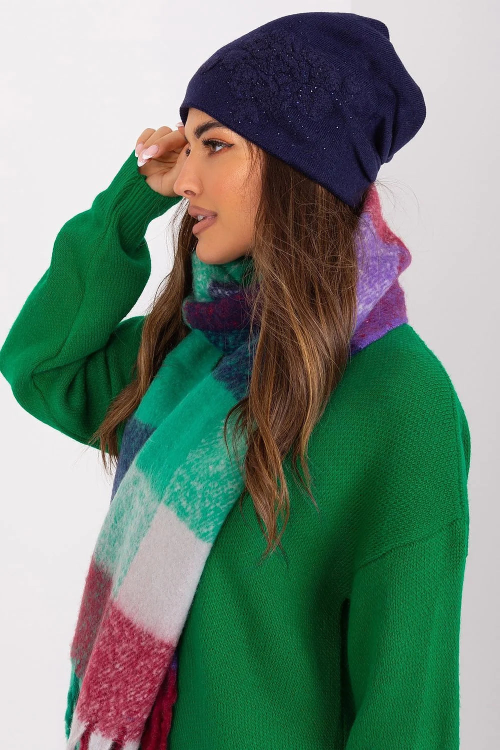 Ensemble hiver femme bonnet écharpe pull coordonné cachemire laine acrylique bleu marine vert floral carreaux franges