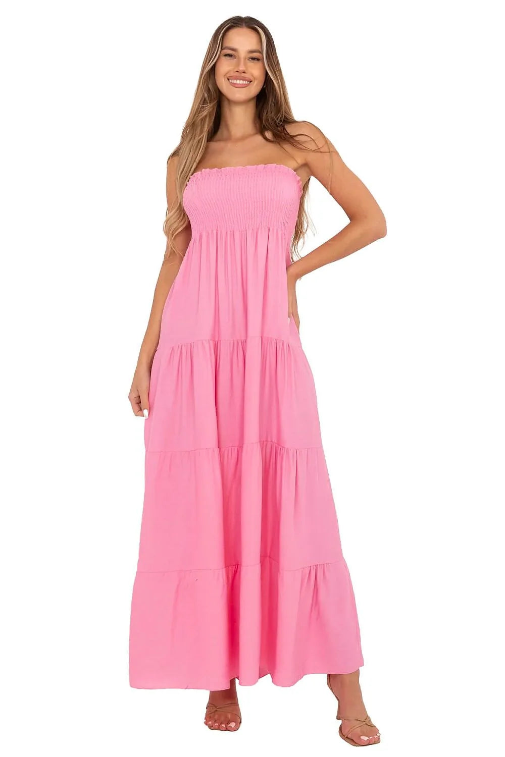 Robe longue boho-chic bustier rose vif coton Empire ruffles femme été décontractée