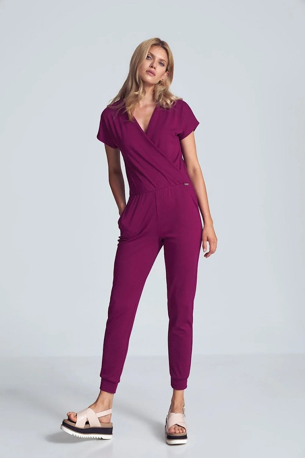 Combinaison femme jersey beige camel cachecoeur manches courtes élégante décontractée taille élastique poches latérales