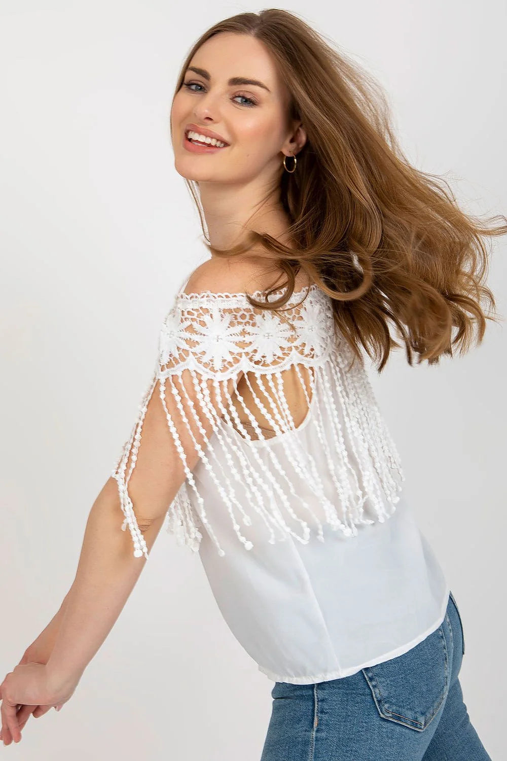 Chemisier d'été encolure espagnole dentelle franges coton polyester femme style bohème chic occasion estivale