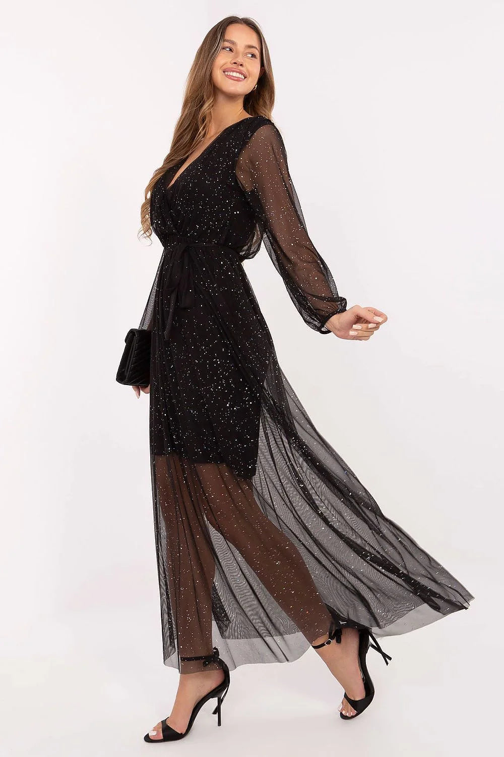 robe longue noire soirée tulle paillettes décolleté enveloppant manches longues taille marquée ceinture noeud doublure courte jupe fluide maxi scintillante