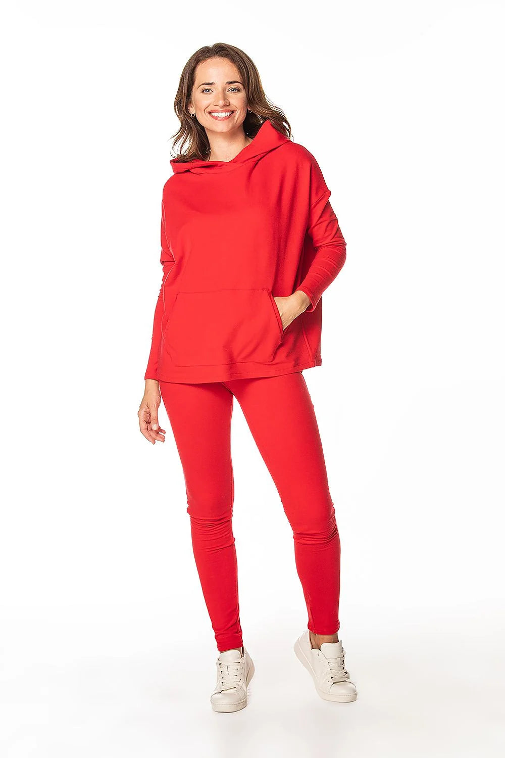 sweatshirt tessita femme casual capuche oversize rouge maille douce extensible manches tombantes longues poche kangourou confortable chaud polyvalent sportchic