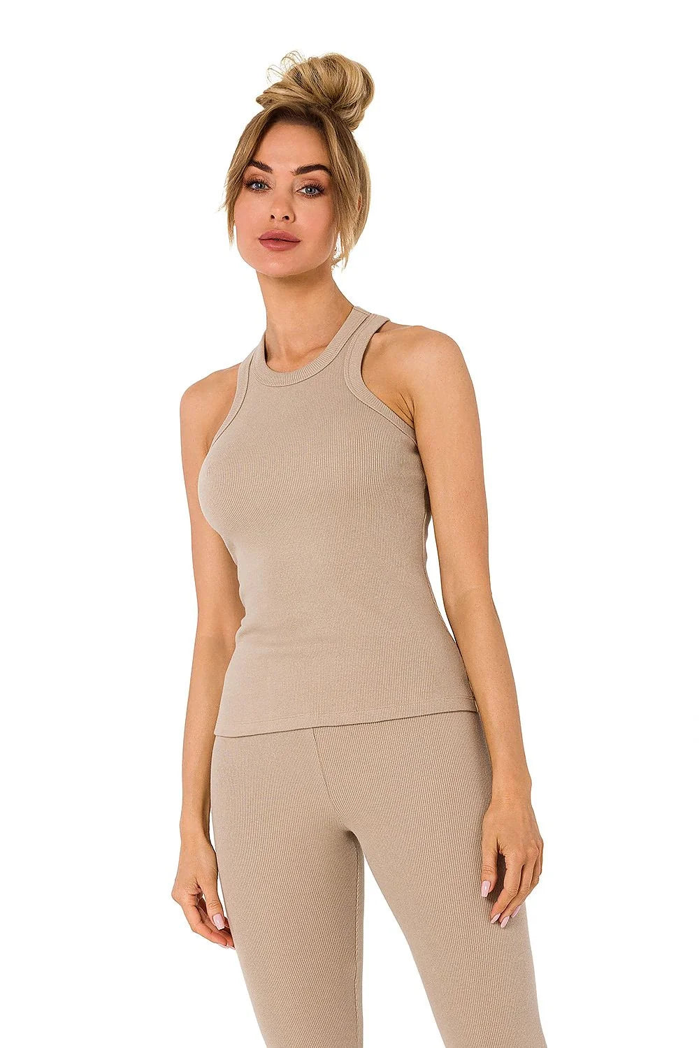 ensemble sportif femme maille côtelée vert émeraude ajusté débardeur col rond sans manches pantalon taille haute extensible respirant