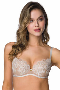 soutien gorge balconnet push up dentelle florale beige lait bonnets rembourrés armatures broderie tulle bretelles réglables nœud satiné maintien confort