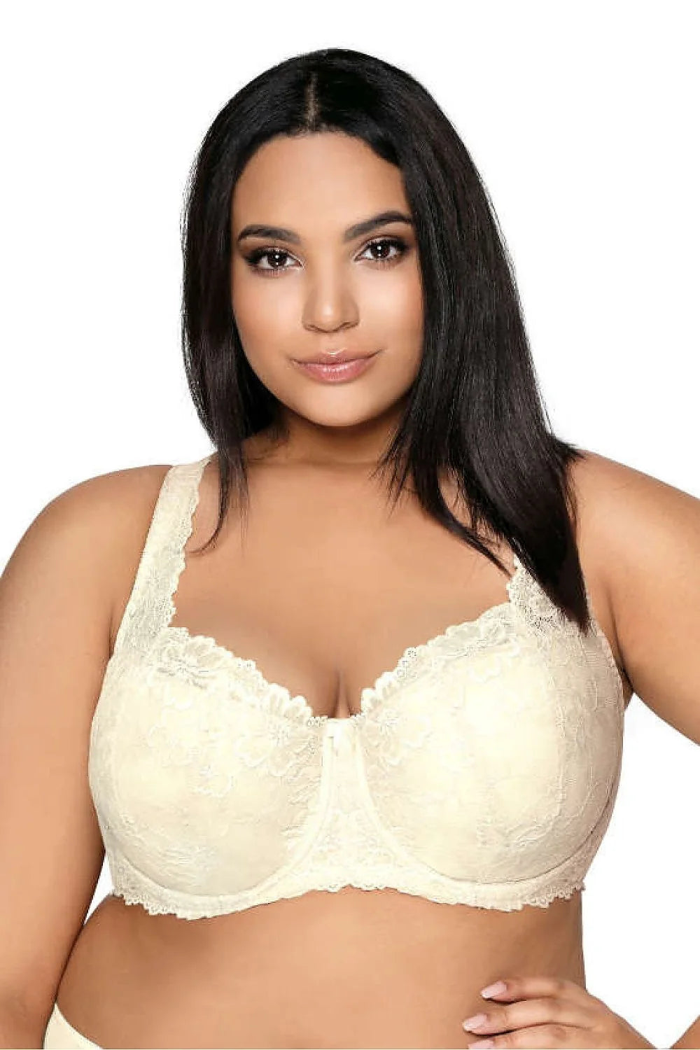 Soutien-gorge rembourré dentelle floral grandes tailles corsage échancré bretelles larges fermeture dos beige crème