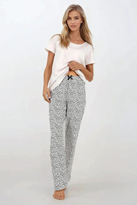 Pyjama pour femme en coton confortable et moderne, deux pièces, manches courtes, motifs abstraits, pantalon large, idéal pour détente