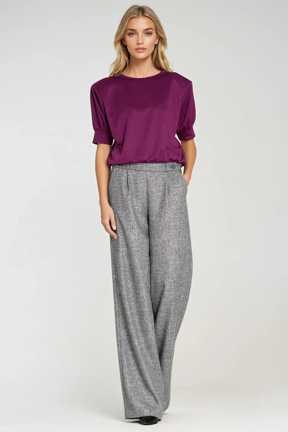 chemisier oversize prune manches bouffantes mi longues encolure ronde coupe blouson taille resserrée tissu fluide extensible doux casual chic bureau