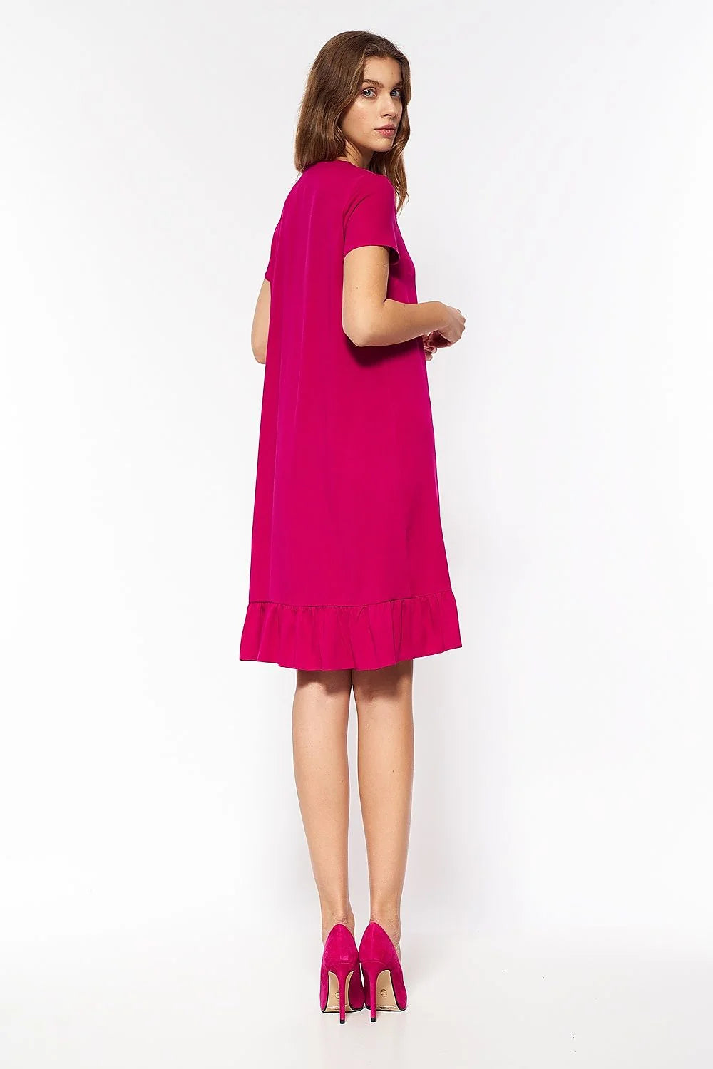 Robe de jour Nife design épuré élégant viscose spandex coupe droite genoux décolleté V nœud central manches courtes style décontracté semi-formel couleur rouge garde-robe moderne femme