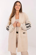 gilet cape long genou femme oversized beige bouclette polyester doux léger col châle manches bouffantes poches plaquées patch superposable polyvalent