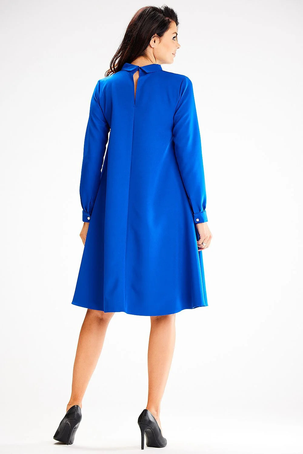 Robe élégante bleu cobalt manches longues col montant coupe droite évasée robe jour awama femme occasionnels