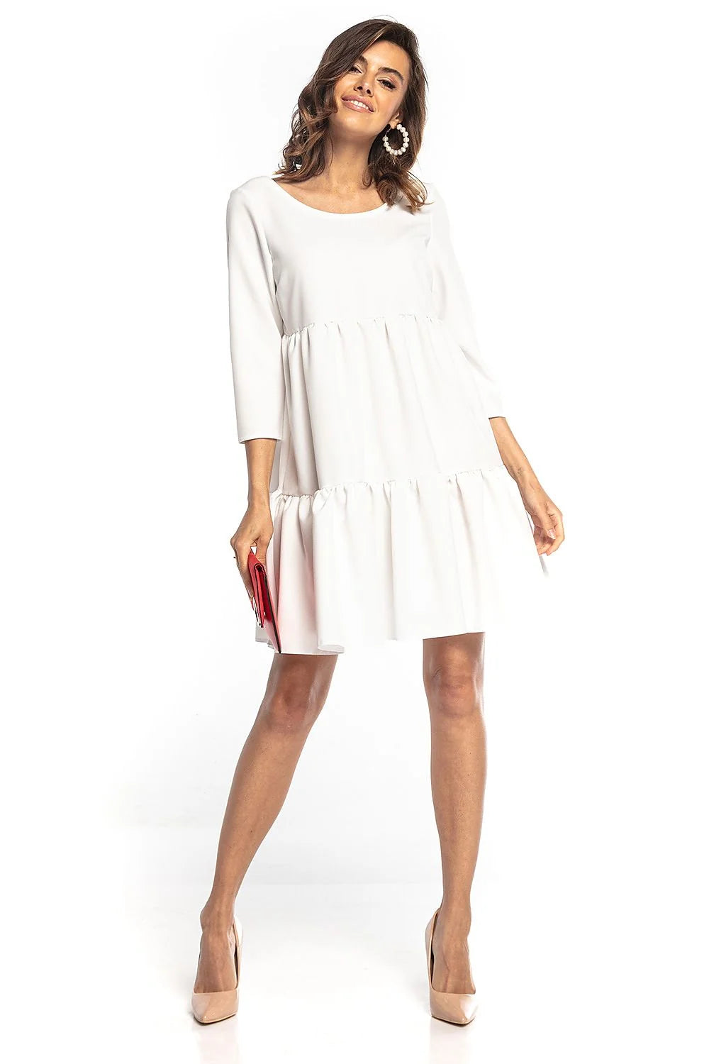 Robe ample polyester élasthanne décontractée élégante manches trois-quarts col rond bleu canard automne femmes