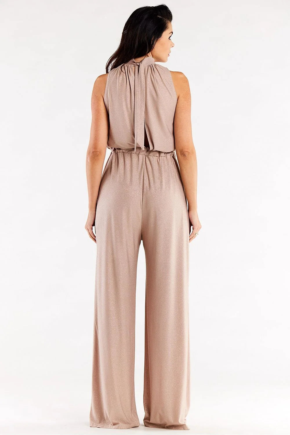 Combinaison awama femme élégante moderne noire scintillante sans manches col noué taille élastiquée occasion spéciale soirée