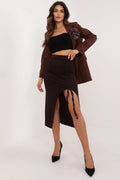 Jupe crayon marron foncé fente asymétrique détails fronces liens Polyester Élasthanne femme élégante moderne semi-formel professionnel