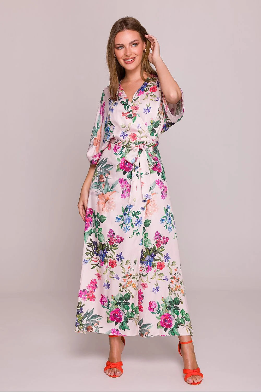 Robe de jour classique longue à manches courtes en soie motif floral V-neck légers femme été