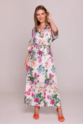 Robe de jour classique longue à manches courtes en soie motif floral V-neck légers femme été