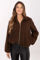 veste courte zippée femme surchemise marron chocolat laine mélangée boxy oversize col chemise manches bouffantes longues ourlet arrondi fermeture dorée