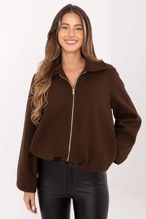 veste courte zippée femme surchemise marron chocolat laine mélangée boxy oversize col chemise manches bouffantes longues ourlet arrondi fermeture dorée