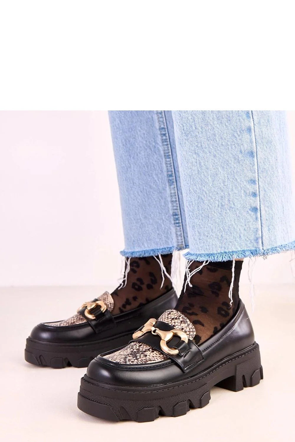 mocassins femme cuir écologique noir empiècement python mors doré plateforme chunky semelle crantée talon 45mm arrondi chaude confort élégant