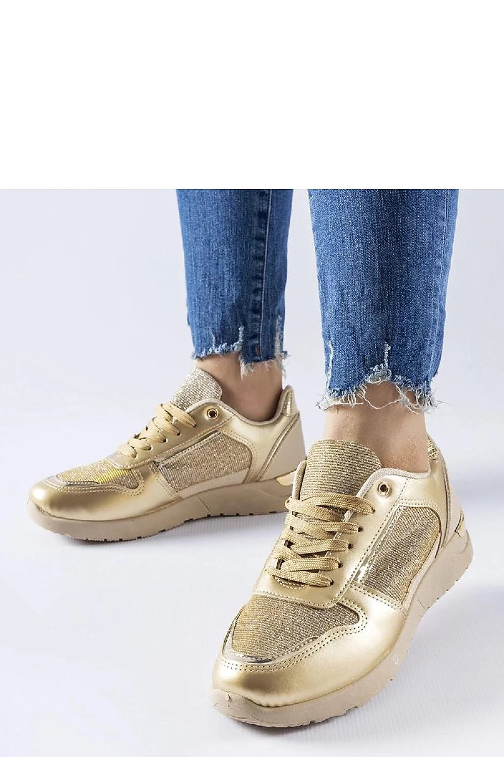 baskets dorées femme basses simili cuir métallisé mesh brillant lacets œillets métalliques semelle compensée caoutchouc amortissante confortable maintien réglable