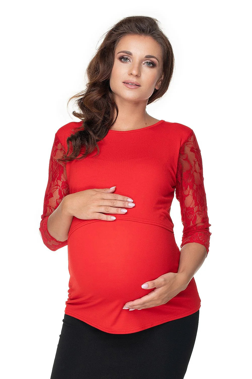 chemisier maternité rouge vif dentelle florale manches trois quarts col rond coupe empire jersey extensible ajusté