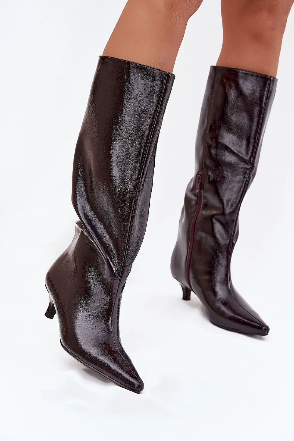 bottes femme mi mollet simili cuir noir bout pointu talon kitten bas fermeture eclair laterale doublure fourrure synthétique confortable élégant