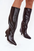 bottes femme mi mollet simili cuir noir bout pointu talon kitten bas fermeture eclair laterale doublure fourrure synthétique confortable élégant