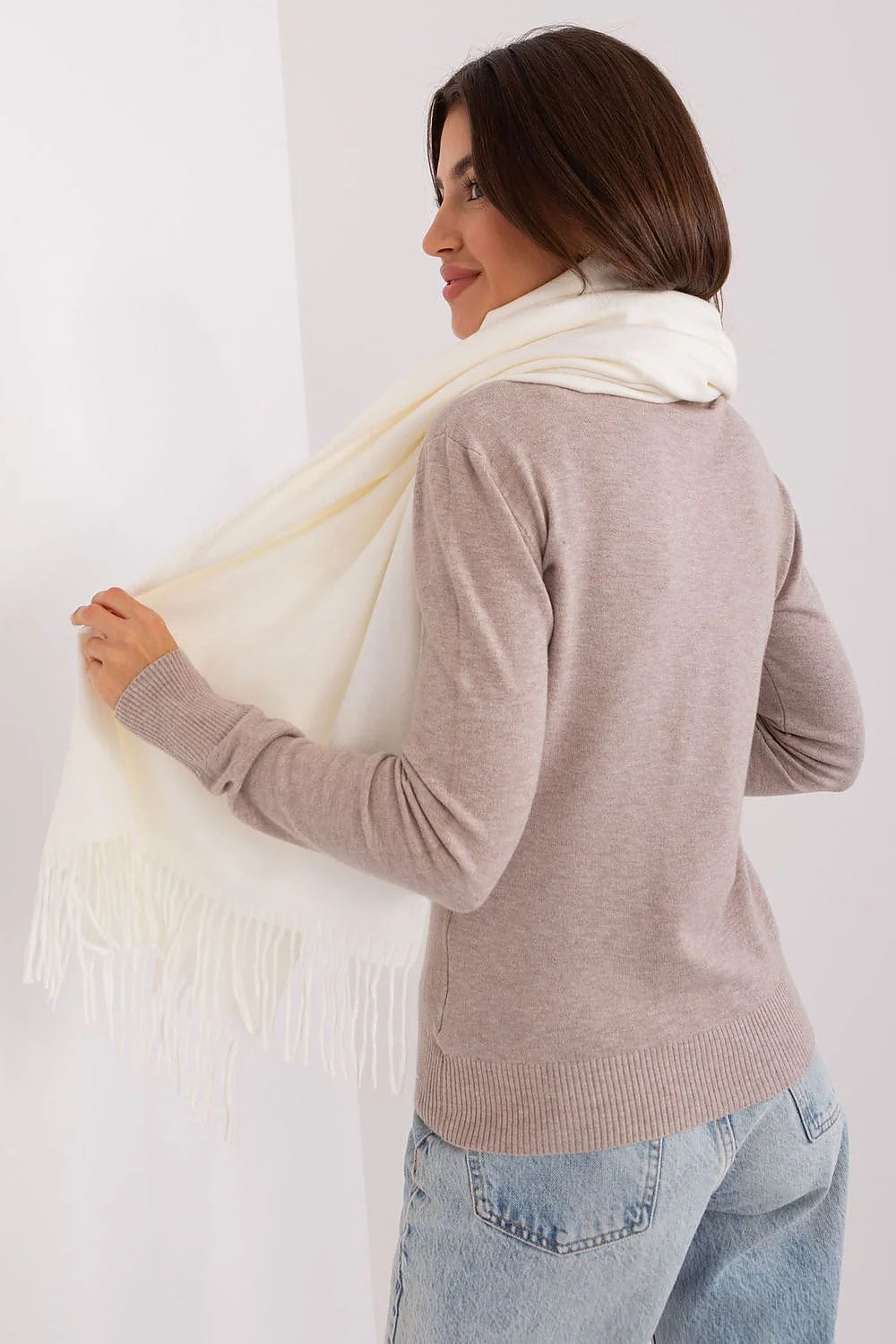 Écharpe élégante pour femme, hiver, pompons, style intemporel, coton, laine, blanc cassé, franges, longueur 196 cm, écharpe longue, accessoire mode, chic, polyvalent