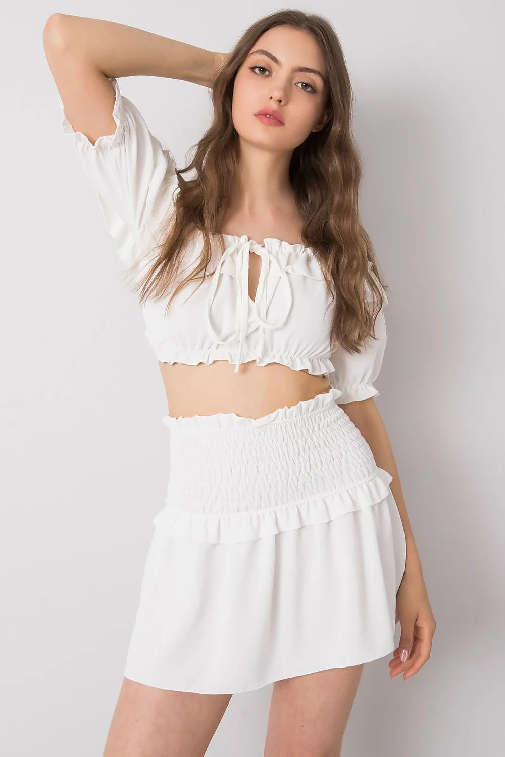 Jupe courte Och Bella style bohème été polyester 100% taille haute élastique volants femmes