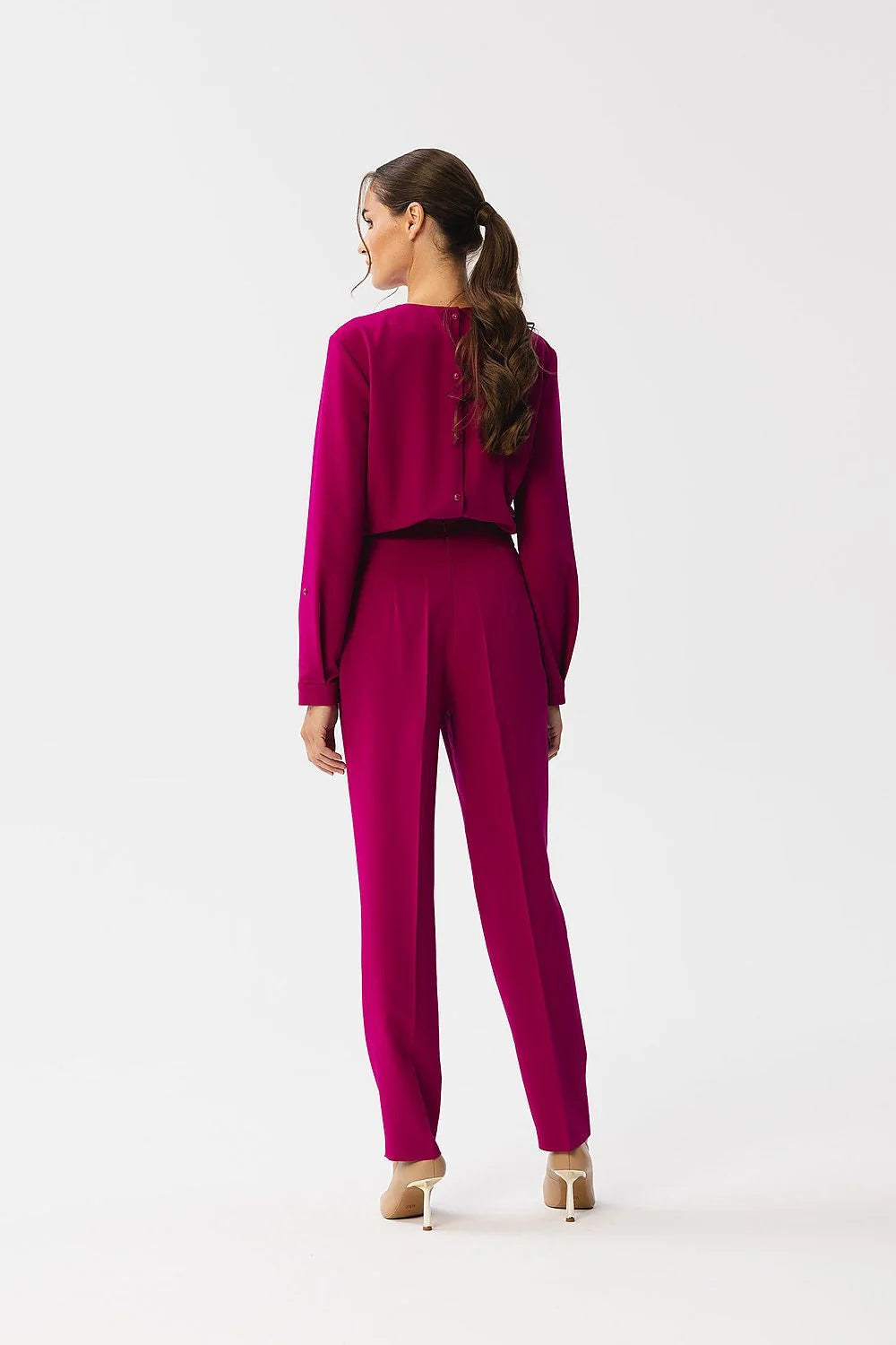 Ensemble deux-pièces pour femmes style minimaliste magenta veste chemisier manches longues taille haute pantalon taille ajustable polyester elastane