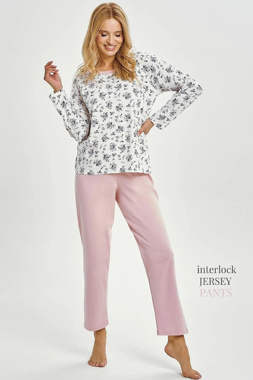 pyjama femme confortable classique interlock coton doux respirant manches longues coupe droite pantalon long taille élastiquée rose poudré