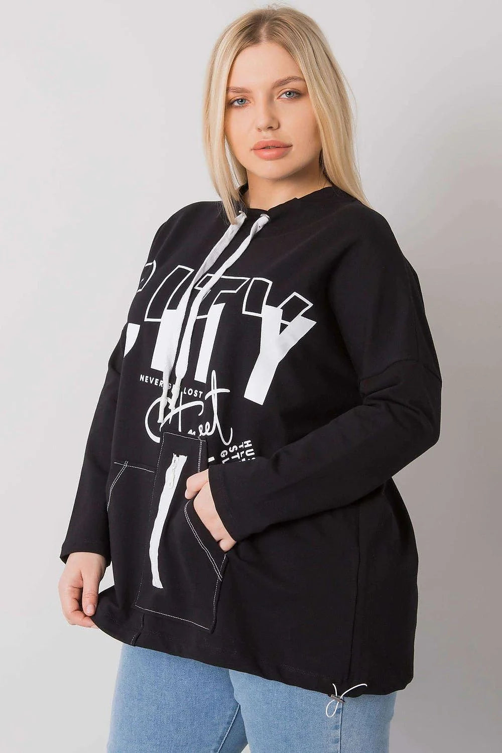 Sweat à capuche noir coton urbain moderne confortable ample avec impression CITY pour femmes tendance