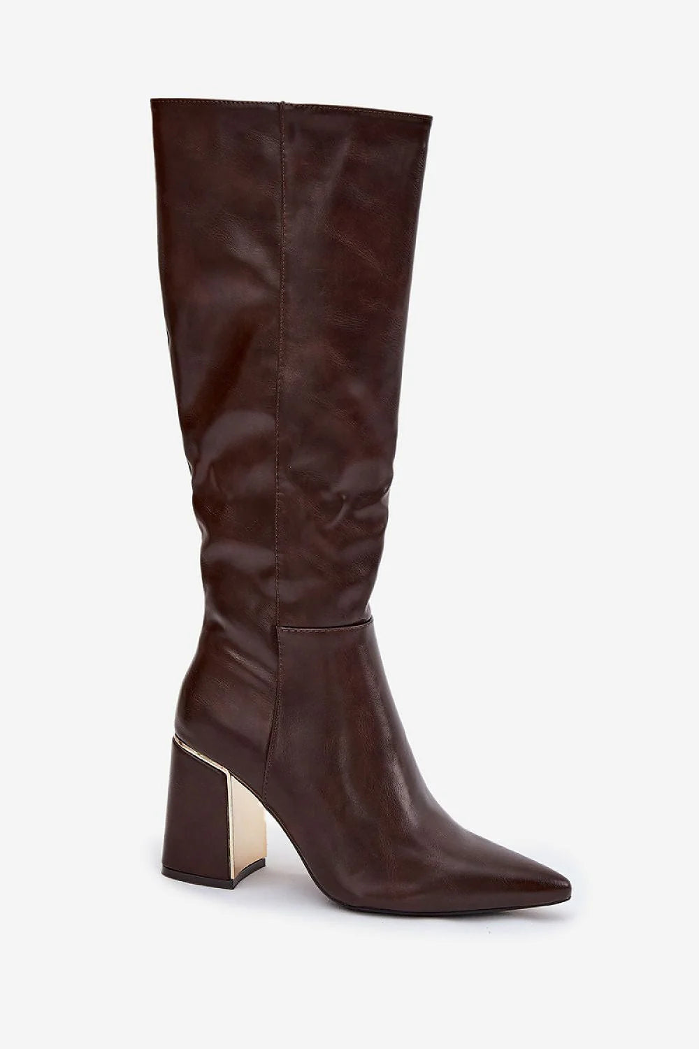 bottes hautes femme talon bloc marron foncé cuir lisse tige genou bout pointu effilé fermeture latérale cheville carré dorée chic